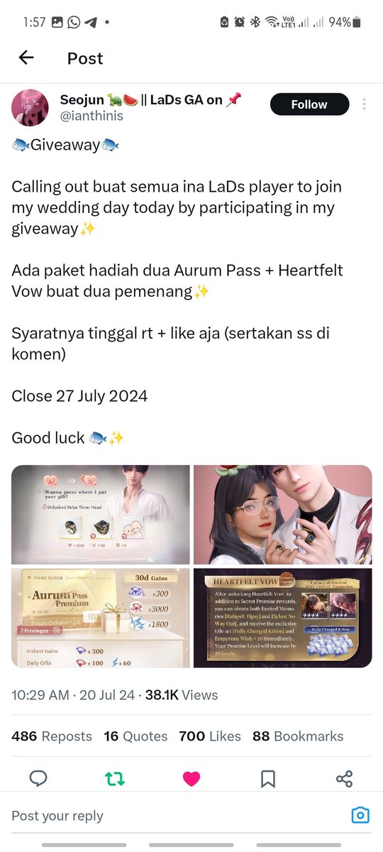 gettfout8's tweet photo. @ianthinis Happy wedding 💕💕💕 
Ini masih kah?? Aku baru nemu hikss..
Btw lv affinityku masih jauh hikksss 😭
Pls semangatin ak 😔😭 https://t.co/gGhTisuHXU