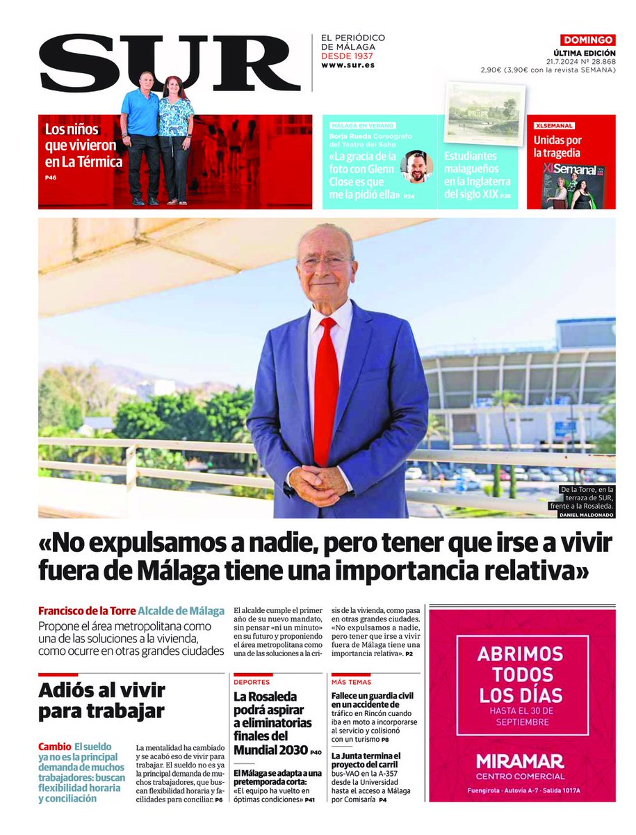 DiarioSUR's tweet photo. 📰 Buenos días. Hoy, #portadaSUR destaca una entrevista con el alcalde de Málaga, Francisco de la Torre, en la que asegura que irse a vivir fuera de la ciudad "tiene una importancia relativa" https://t.co/UBGtRuoj6G https://t.co/reaL6C4bHR