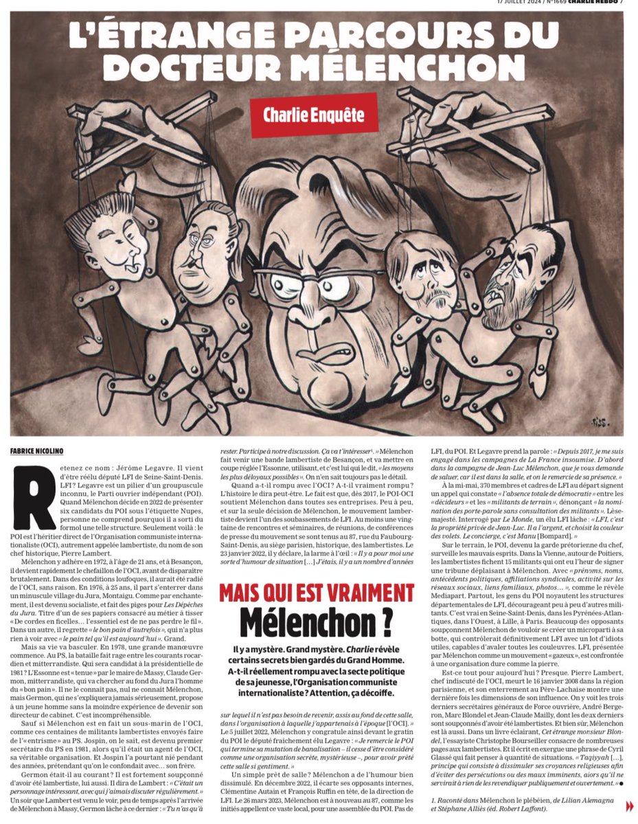 philippesouli's tweet photo. 👺👿 #legislatives2024 #LFI #RN #NFP #AssembléeNationale @JLMelenchon
Comment passer sous silence ce dossier de @Charlie_Hebdo_ ?
«La diabolisation du Front National avait pour principale utilité de permettre à la Gauche de se faire élire».
Tout est dit, non ?
3 pages à lire https://t.co/LfdPy3Sogm