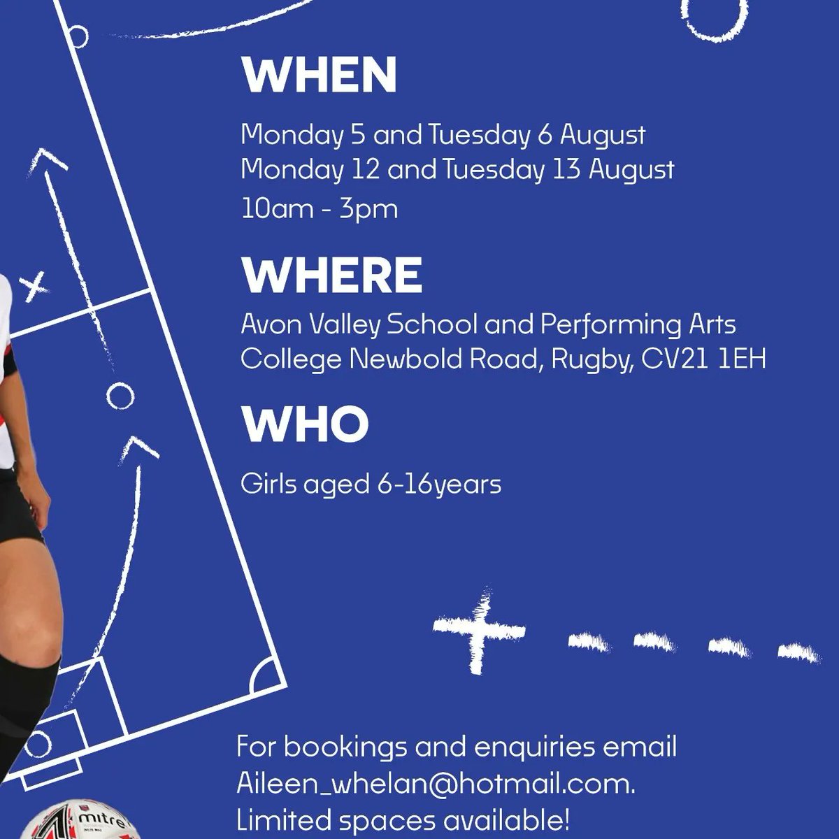 AileenWhelan's tweet photo. I'm excited to share that I will be running girls only summer camps in Rugby during August ⚽️

There will be guest appearances from other professional footballers as well as prizes 🌟🏆

Details are above. Places will be allocated on a first come, first served basis. ⚽️ https://t.co/eY2NtFCEWm