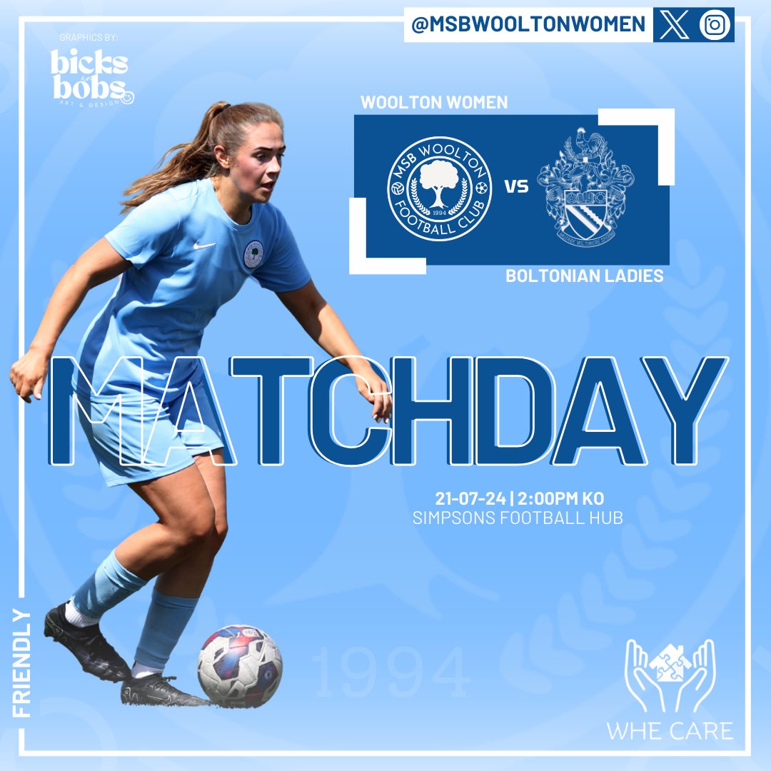 𝗠𝗔𝗧𝗖𝗛𝗗𝗔𝗬 | 𝗙𝗜𝗥𝗦𝗧𝗦:

🆚 | Boltonian Ladies 
🗓️ | 21-07-2024
🕑 | 14:00
📍 | Simpsons Football Hub
🏆 | Friendly

🫱🏻‍🫲🏽 | WHE Care - Empowering Lives Through Supported Living for 16 to 25 year olds.