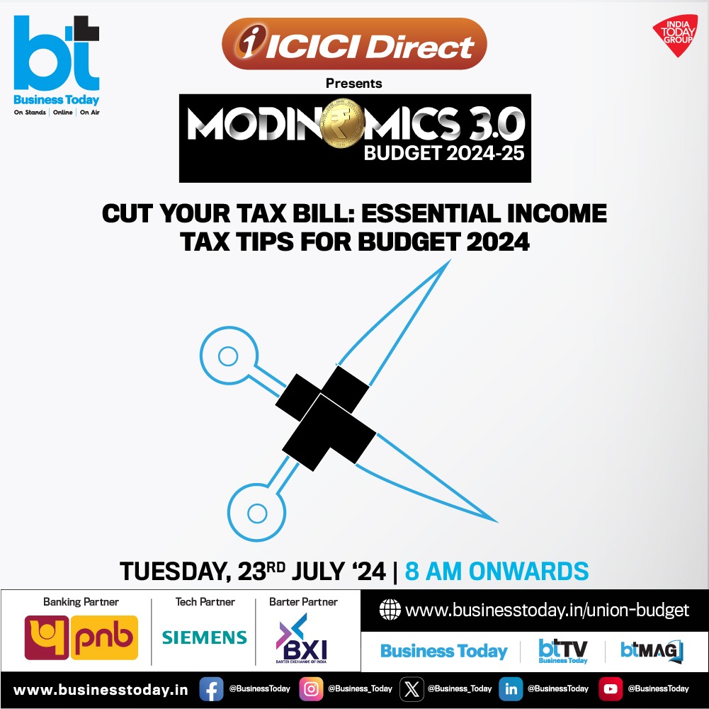 business_today's tweet photo. 💰💲#Modinomics 3.0 - #BudgetWithBT | With #Budget2024 approaching swiftly, #BTMultiverse is all set to unveil valuable opportunities to save big with essential tax hacks. Learn from industry experts as they share must-know tips to cut your tax bill and optimize your financial strategy. Join us for insightful interactions with experts, analysts, and policymakers on how the upcoming #budget presentation by Finance Minister #NirmalaSitharaman (@nsitharaman) will impact the #economy, various sectors and your finances.

➡️ Tune in to @business_today TV for coverage by leading business journalists - @rahulkanwal, @TheSouravM, @szarabi, @sakshibatra18, and @shail_bhatnagar and engage in the conversation that has the potential to shape the future of our economy.

🗓️ July 23   
🕗 8 AM onwards 

Track #UnionBudget updates with your Go-To Budget Buddy: https://t.co/v7t3r7wl1W             

Follow #BTTV for more 👉 https://t.co/cDtiG0j6Tk    

@ICICI_Direct @pnbindia @Siemens @bximarketplace