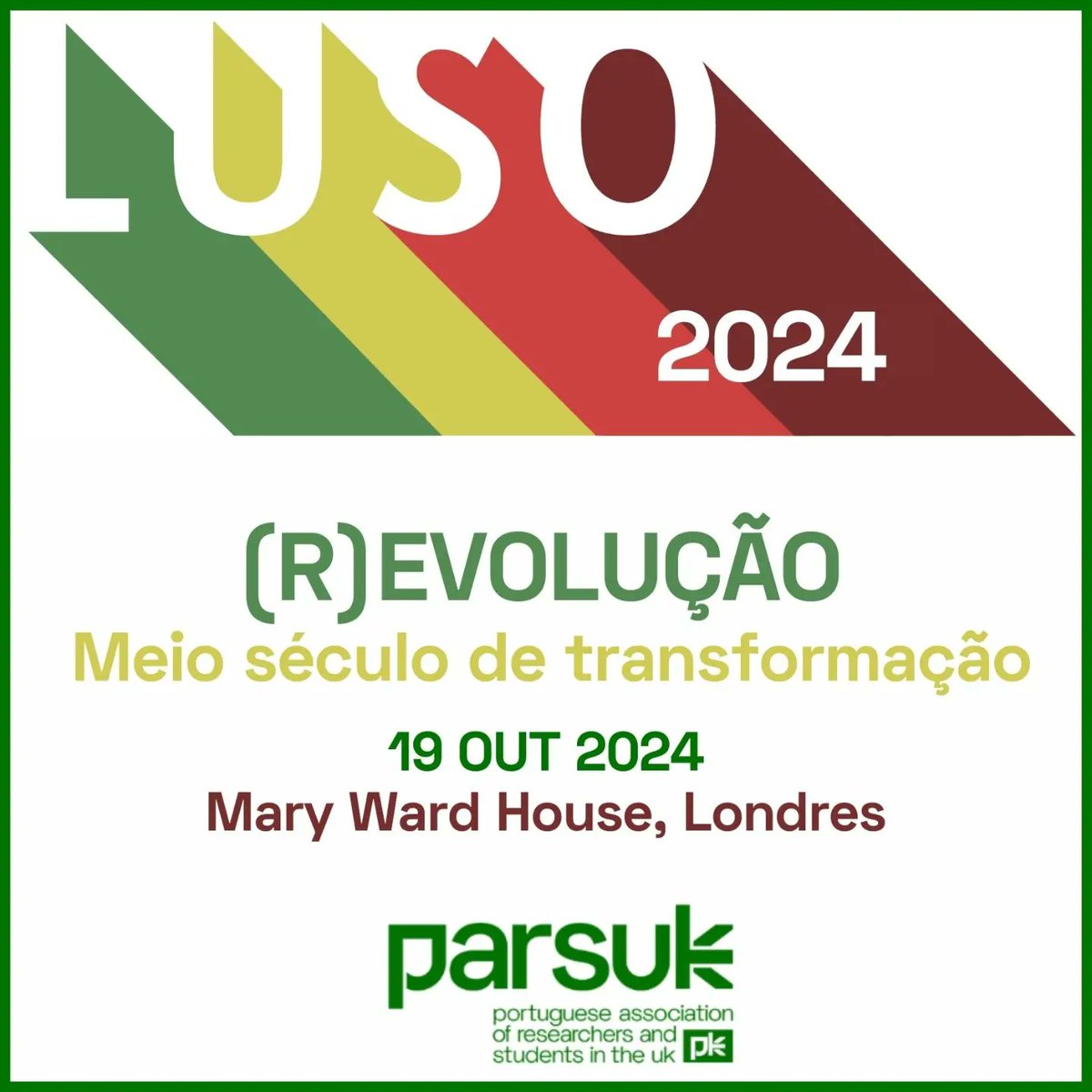 PARSUK_'s tweet image. (1/2) A #PARSUK tem o prazer de apresentar o tema para o #LUSO deste ano: (R)evolução-meio século de transformação. No ano em que celebramos 50 anos de um marco histórico para Portugal,escolhemos dar um olhar otimista e crítico sobre o próximo meio século da nossa futura história