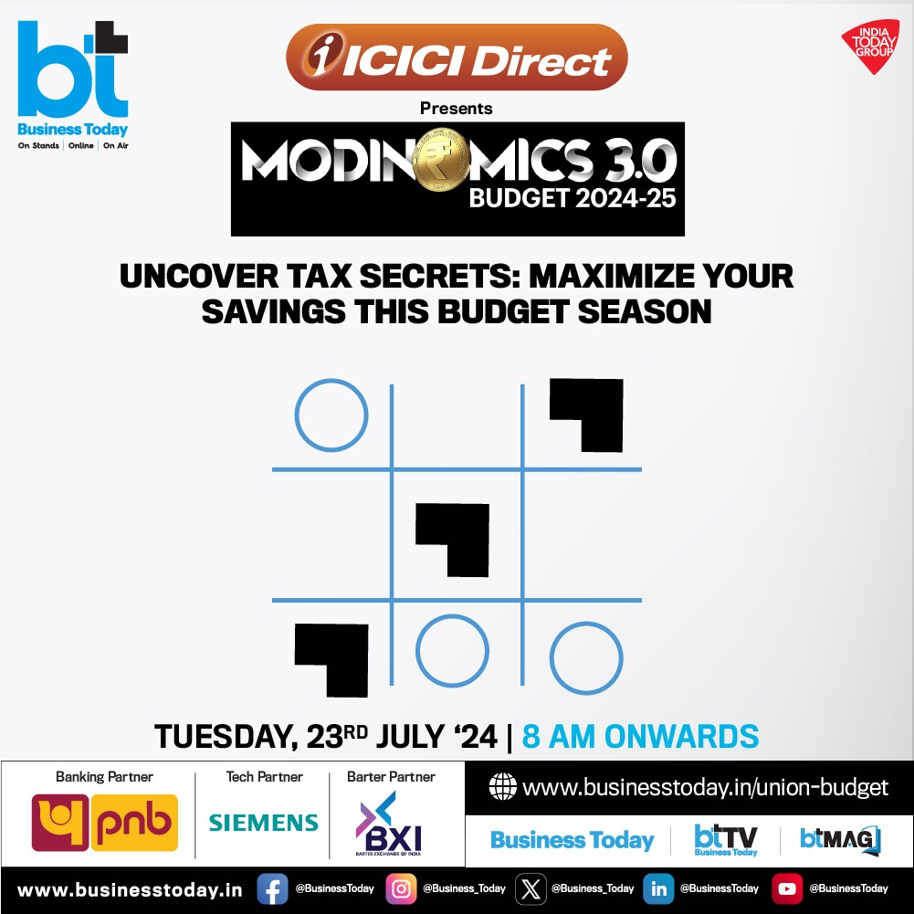 business_today's tweet photo. 💰💲#Modinomics 3.0 - #BudgetWithBT | With #Budget2024 approaching swiftly, #BTMultiverse is all set to unveil valuable opportunities to save big with essential tax hacks. Learn from industry experts as they share must-know tips to cut your tax bill and optimize your financial strategy. Join us for insightful interactions with experts, analysts, and policymakers on how the upcoming #budget presentation by Finance Minister #NirmalaSitharaman (@nsitharaman) will impact the #economy, various sectors and your finances.

➡️ Tune in to @business_today TV for coverage by leading business journalists - @rahulkanwal, @TheSouravM, @szarabi, @sakshibatra18, and @shail_bhatnagar and engage in the conversation that has the potential to shape the future of our economy.

🗓️ July 23   
🕗 8 AM onwards 

Track #UnionBudget updates with your Go-To Budget Buddy: https://t.co/v7t3r7wl1W             

Follow #BTTV for more 👉 https://t.co/cDtiG0j6Tk    

@ICICI_Direct @pnbindia @Siemens @bximarketplace