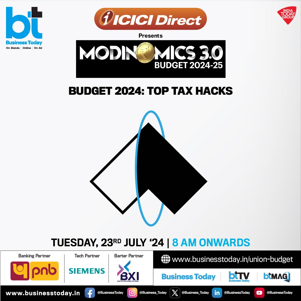 business_today's tweet photo. 💰💲#Modinomics 3.0 - #BudgetWithBT | With #Budget2024 approaching swiftly, #BTMultiverse is all set to unveil valuable opportunities to save big with essential tax hacks. Learn from industry experts as they share must-know tips to cut your tax bill and optimize your financial strategy. Join us for insightful interactions with experts, analysts, and policymakers on how the upcoming #budget presentation by Finance Minister #NirmalaSitharaman (@nsitharaman) will impact the #economy, various sectors and your finances.

➡️ Tune in to @business_today TV for coverage by leading business journalists - @rahulkanwal, @TheSouravM, @szarabi, @sakshibatra18, and @shail_bhatnagar and engage in the conversation that has the potential to shape the future of our economy.

🗓️ July 23   
🕗 8 AM onwards 

Track #UnionBudget updates with your Go-To Budget Buddy: https://t.co/v7t3r7wl1W             

Follow #BTTV for more 👉 https://t.co/cDtiG0j6Tk    

@ICICI_Direct @pnbindia @Siemens @bximarketplace