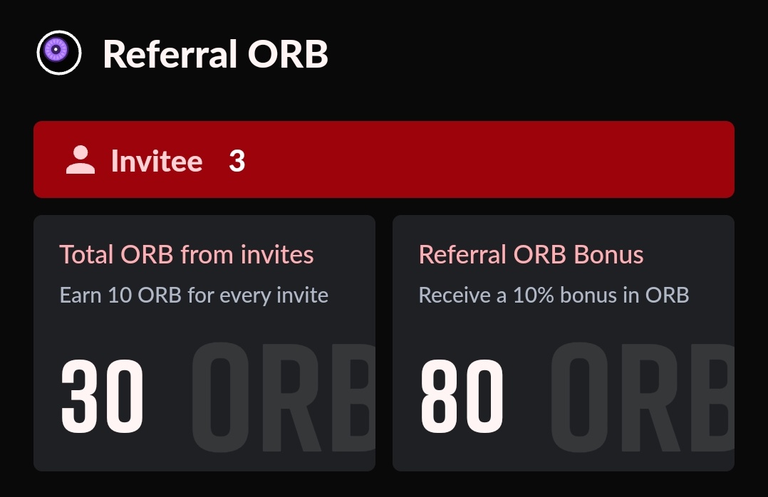 CryptoMaster143's tweet photo. 3/ Refer your friends and earn up to 1000 ORB with referrals and bonus ORB from invitee activity!

➪ Earn 10 ORB for every invite
➪ Receive a 10% bonus in ORB https://t.co/0uMYDp8NDn