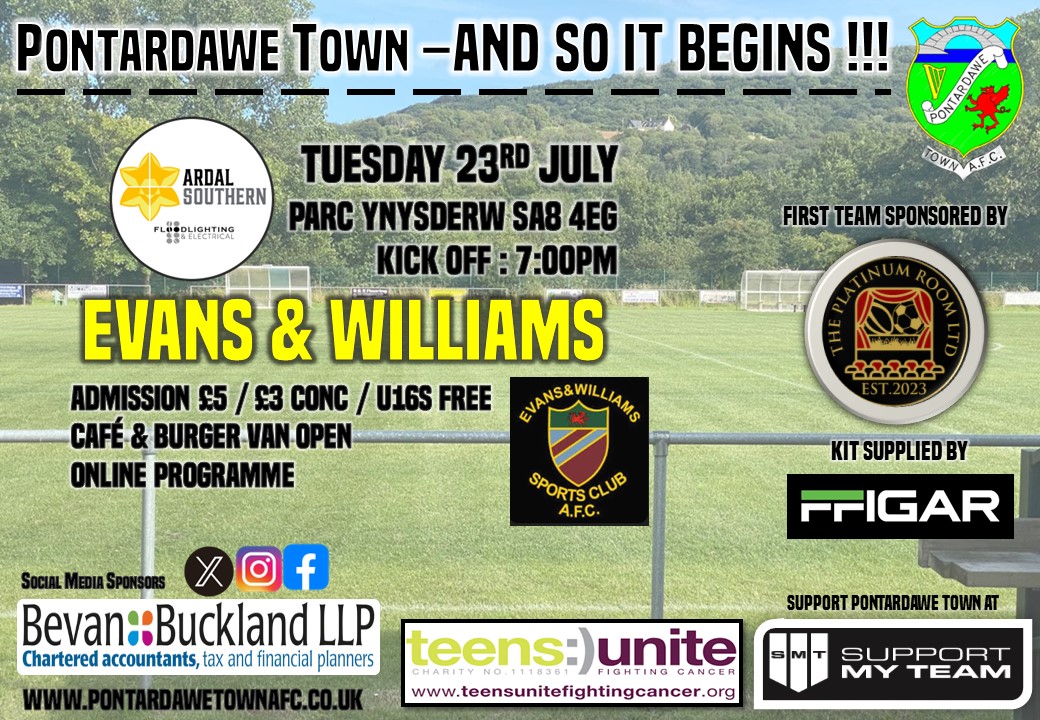 On Tuesday we host <a href="/EvansWilliamsFC/">CPD Evans & Williams AFC</a> so come and support the lads as we kick off a new era at Parc Ynysderw #uppatown

🏆 <a href="/ArdalSouthern/">Ardal Southern</a> 
🏟 Parc Ynysderw 
⏰️7pm
🎟 £5 / £3 Conc / U16s Free
🍔☕️ Refreshments from 6:30pm
🍻 Post Match <a href="/PontardaweRFC/">Pontardawe RFC</a>