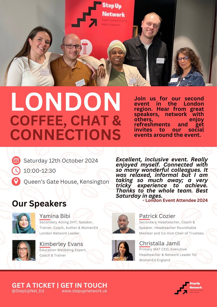 Step Up Network CIC (@stepupnet_ed) on Twitter photo First face-to-face event of the year will be in London on Saturday 12th October. Hear from <a href="/msybibi/">Yamina B</a> <a href="/CalmLeadership/">Patrick Cozier</a> <a href="/nourishworkplce/">Nourish the Workplace - Kimberley Evans</a> and <a href="/ChristallaJ/">Christalla Jamil FCCT</a>
Treat yourself at the end of this academic year and get yourself a ticket: eventbrite.co.uk/e/step-up-lond… First face-to-face event of the year will be in London on Saturday 12th October. Hear from <a href="/msybibi/">Yamina B</a> <a href="/CalmLeadership/">Patrick Cozier</a> <a href="/nourishworkplce/">Nourish the Workplace - Kimberley Evans</a> and <a href="/ChristallaJ/">Christalla Jamil FCCT</a>
Treat yourself at the end of this academic year and get yourself a ticket: eventbrite.co.uk/e/step-up-lond…