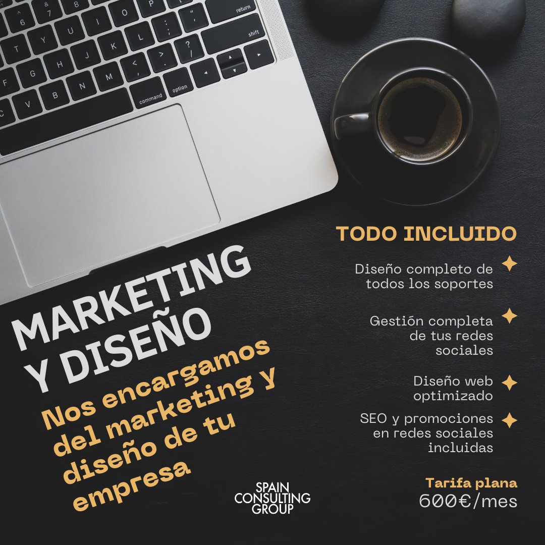 SpainConsulting's tweet photo. Todo incluido por solo 600€ al mes:

📈 Estrategia de marketing personalizada  
🎨 Diseño gráfico profesional  
🌐 Gestión de redes sociales  
📢 Campañas publicitarias efectivas  
📊 Análisis y reportes mensuales

¡Lleva tu negocio al siguiente nivel con SCG! https://t.co/JjkSYCu7Kd
