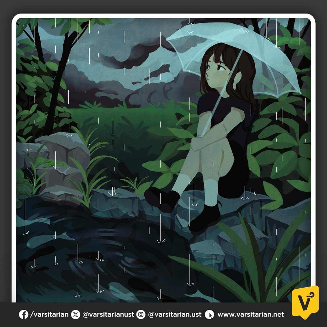 varsitarianust's tweet photo. #TOMASining: “Clearing Sky”
By Karen Ann C. Capco
Honorable Mention, Gawad Ustetika 2004
Rain falls with the sound of fishes slapping
Their fins against the ground, slipping
Like secrets off a stone angel’s tongue,
And clinging like beads on moss-covered
Rocks. I await the clearing of the sky —
Gray static giving way to a clearer
View of the sun setting, reminding me
That the horizon’s you lying supine
On the couch not knowing that I am watching.
(Art by Alyzza Daniella B. Lipura/ The Varsitarian)