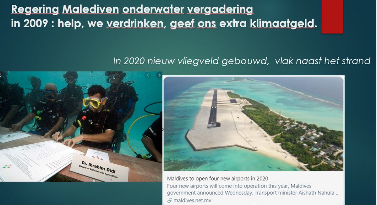 Weet u nog van die onderwater vergadering in 2009 van regering Maldives met boodschap "help, onze eilandjes verdrinken, geef ons extra klimaatgeld ". Wel, ze openen nu een nieuw vliegveld, vlak naast het strand. 
The Maldives is getting a £620million airport expansion - with huge