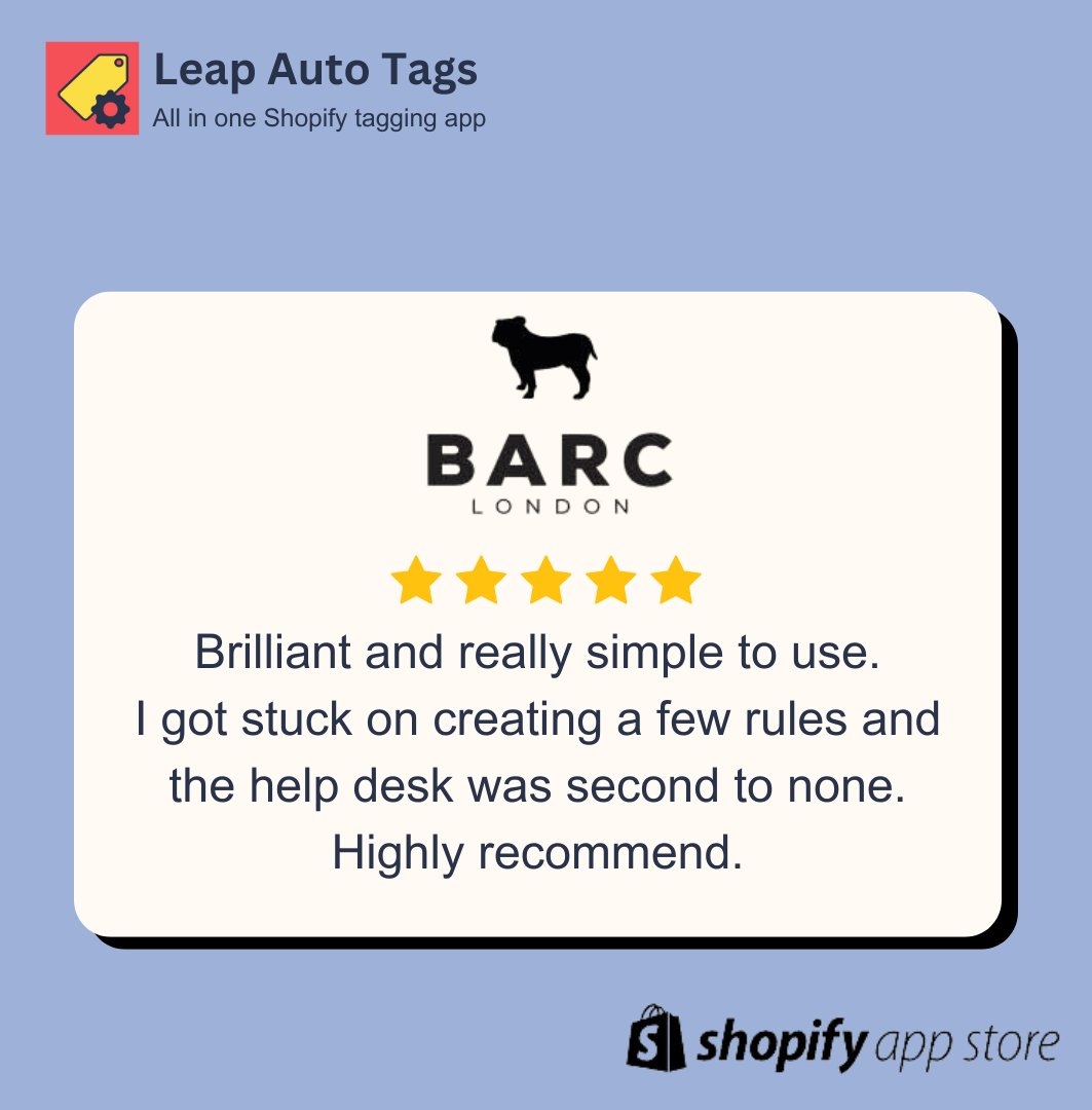 LeapAutoTags's tweet photo. 🌟 5-Star Review from Barc London! 🌟

Excited to hear how Leap Auto Tags has transformed Barc London’s Shopify store! Thanks for the awesome feedback!

#CustomerSuccess #5StarReview #LeapAutoTags #BarcLondon #ShopifySuccess #EcommerceInnovation #ShopifyTagging #AutomationSuccess https://t.co/2dbMtkIeZE