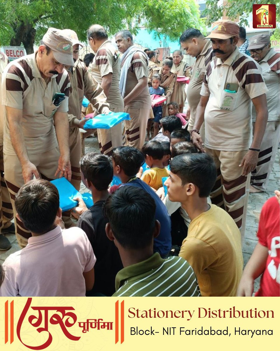 DSSNewsUpdates's tweet photo. Volunteers are constantly seeking ways to support others, and on the sacred occasion of #GuruPurnima, Dera Sacha Sauda volunteers, inspired by Revered Saint Dr. MSG Insan, distributed stationary items like school bags, notebooks, and other essentials to underprivileged children. This act holds immense importance as it not only provides these kids with necessary tools for their education but also symbolizes the hope for a brighter future. By extending a helping hand in this manner, the volunteers are contributing to the academic success and overall well-being of these children.  #HappyGuruPurnima #SaintDrMSG #गुरु_पूर्णिमा