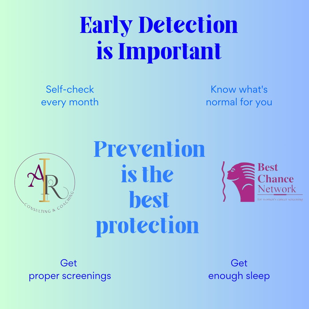 airconsultllc's tweet image. Early detection significantly increases survival rates for cervical and breast cancer. Get screened and stay informed. #AIRConsulting #BestChanceNetwork #DHEC #EarlyDetectionSavesLives