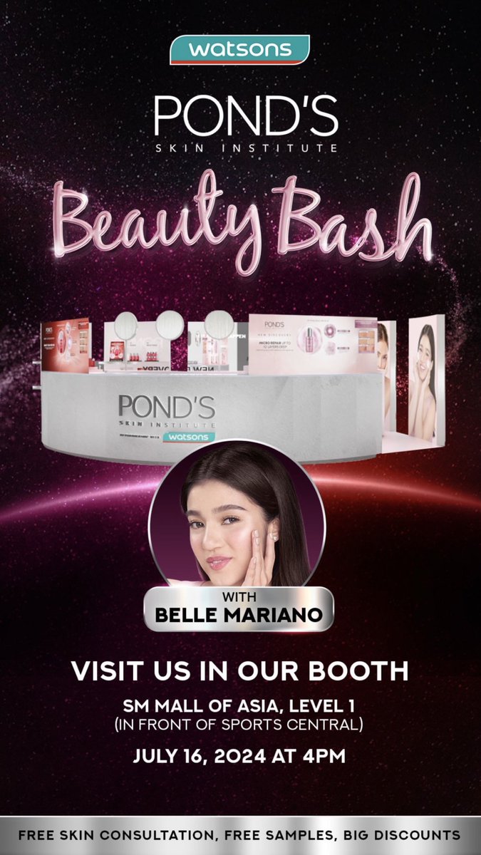 Belle Mariano will be at SM Mall of Asia for Pond’s Philippines Beauty Bash Booth on July 16 at 4 PM! 💗

#BelleMariano <a href="/bellemariano02/">Belle Mariano</a>