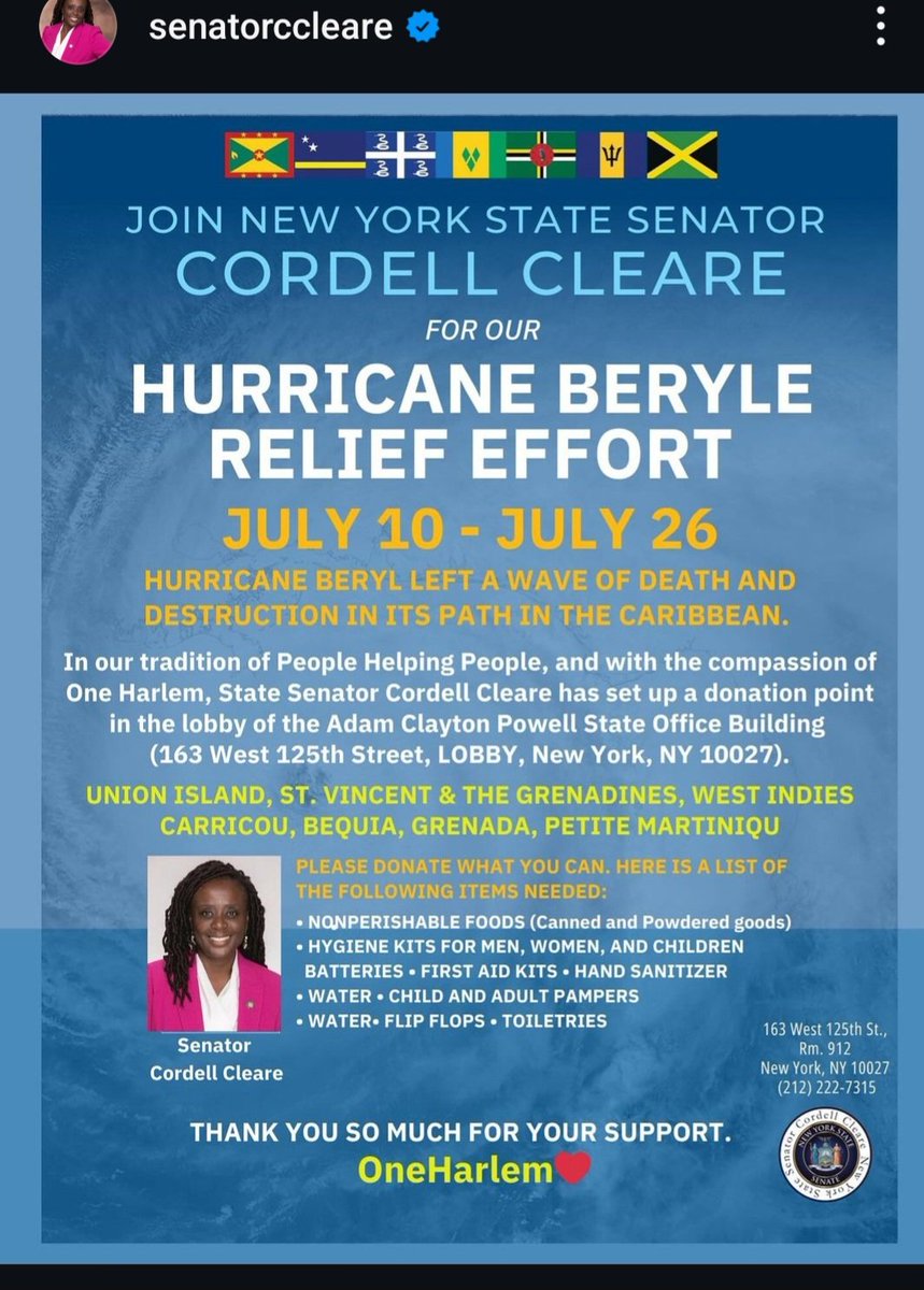 allimadi's tweet photo. Hurricane #Beryl #BerylRelief support in #Harlem via @SenatorCCleare #CordellCleare https://t.co/dC8wBu71Aq