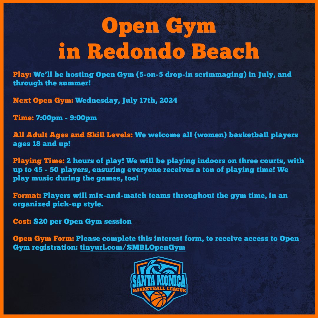 SantaMonicaWBB's tweet photo. We’re hosting Open Gym in Redondo Beach, this Wednesday (July 17th), from 7:00pm - 9:00pm! 🏀

To receive access to registration, please complete this interest form: https://t.co/WqUId9CGhu https://t.co/DzOuAGROd3