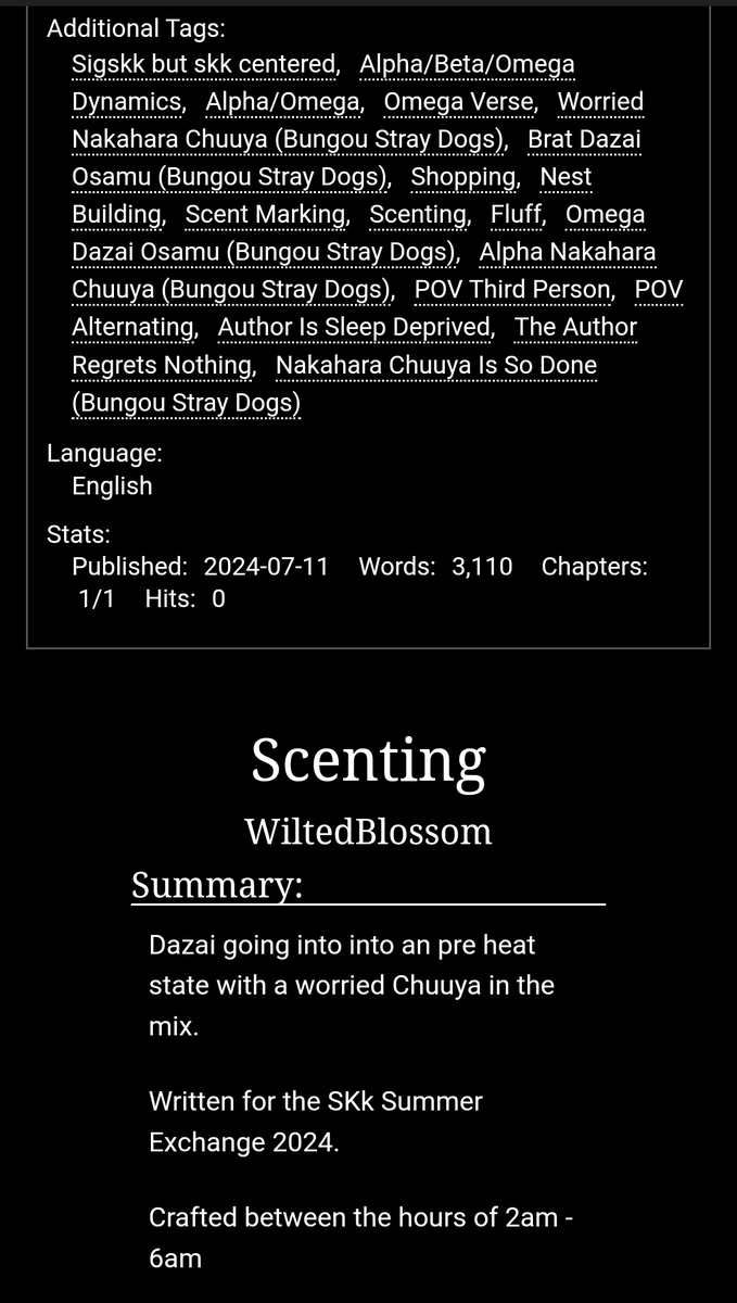 "Scenting" my gift for the lovely <a href="/cosmic_sora_/">🌑 Sora 🌓 (C🌟mms 3/3)</a> 

🍫 Nest Building 
🍫 3.1k words 
🍫 Dazai makes Chuuya's wallet cry + he's a menace 

🔗: archiveofourown.org/works/57211873

Written for Soukoku Summer Exchange 2024 <a href="/skksummerexch/">Soukoku Summer Exchange • Completed</a> #skksummerexchange