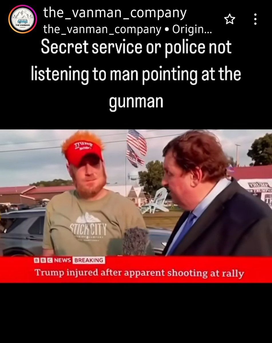 KathyCKath's tweet photo. @Travis_4_Trump Witnesses reported seeing the shooter climbing up on a roof. They attempted to notify security/secret service only to be ignored. The interview was posted to the_vanman_company Instagram account. https://t.co/59RHqgbi8G