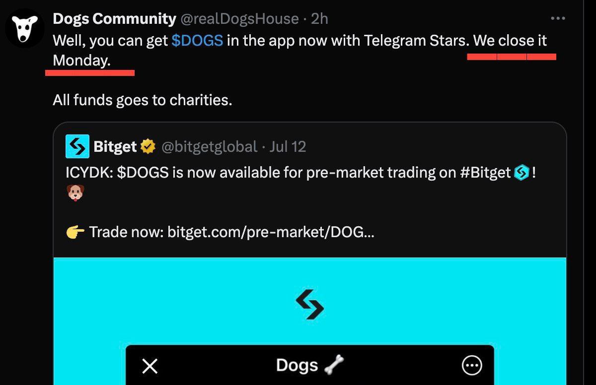 The money for the $DOGS bought in exchange for Telegram STAR ⭐ will be  donated to the $DOG team charities 🫸🫷🚀 #Dogs #Telegram #Airdrop