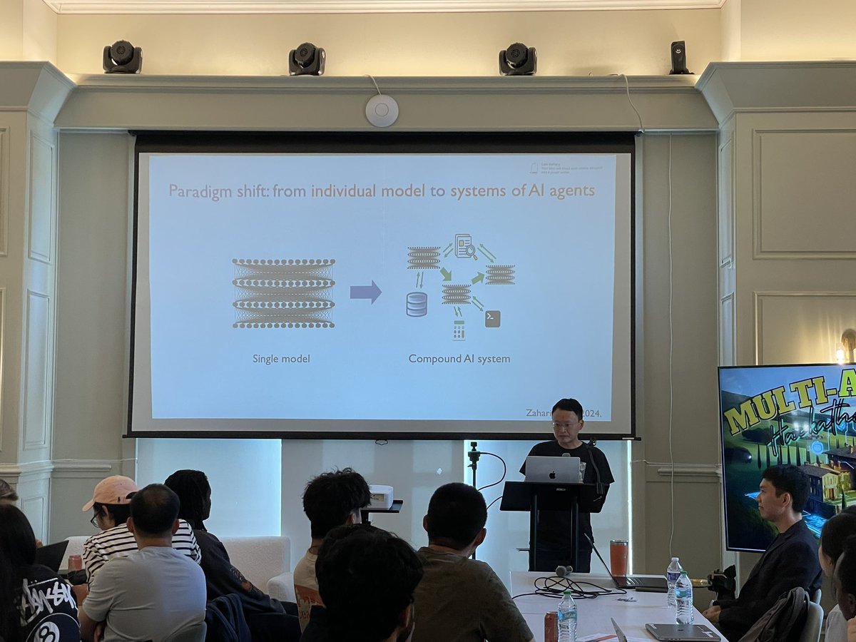 UrmishThakker's tweet image. Great presentation by @james_y_zou on mixture of agents and text grad at hackathon organized by @SambaNovaAI, @togethercompute, @NumbersStnAI at  @agihouse_org . Multiple agents collaborating to achieve a task is becoming an increasingly important aspect to develop useful…