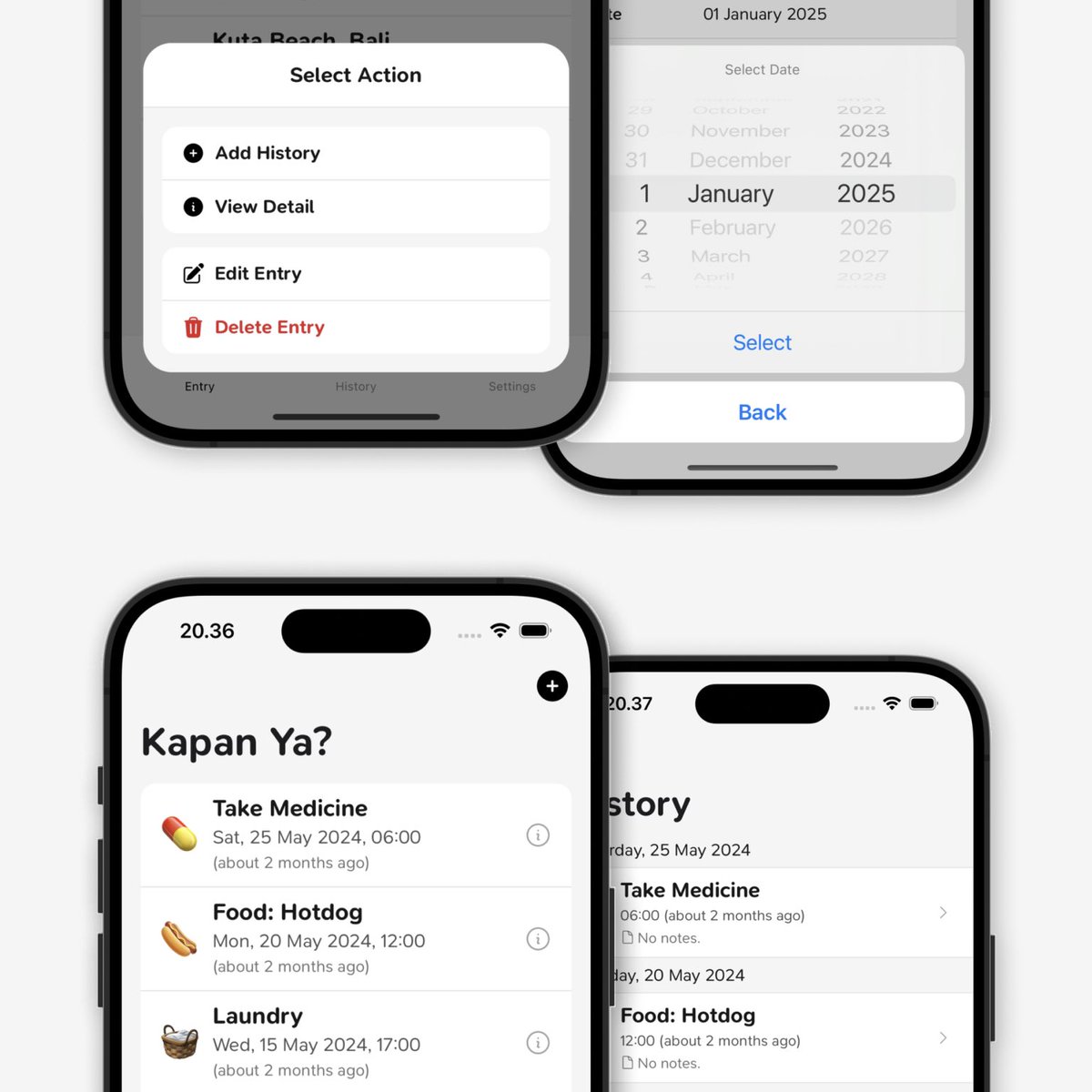 Kapan Ya? v1.2.3 update is available!

1. Shortcuts: quick notes, fast searches, no app launch needed! 🧭
2. Redesign entry &amp; history page. 🎨
3. Date can now be selected up to 6 months in the future. 🕒