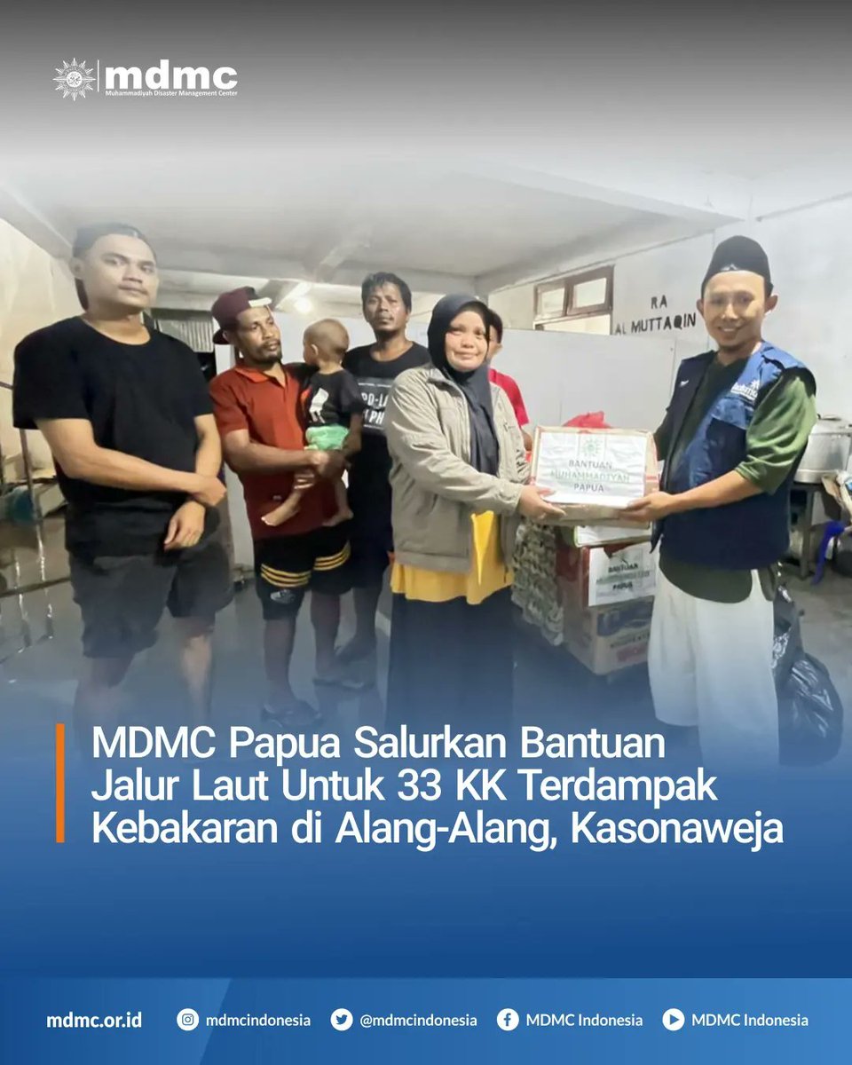 MDMCIndonesia's tweet photo. Assalamualaikum Sobat Tangguh!!

MDMC Papua pada tanggal 11 Juli 2204 telah mengirimkan bantuan untuk 44 jiwa dari 33 KK di wilayah Alang-Alang, Kasonaweja, Kabupaten Mamberamo Jaya, Papua yang terdampak bencana kebakaran melalui jalur laut menggunakan Kapal Cantika 77. https://t.co/Yw4kRudZhr