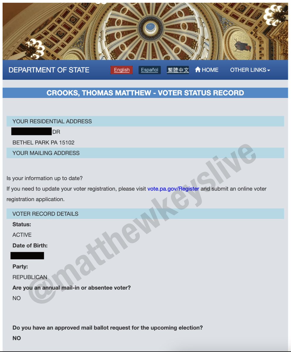 MatthewKeysLive's tweet photo. #BREAKING: Pennsylvania voter registration records show Thomas Matthew Crooks, 20, is a registered Republican. Crooks has been identified by law enforcement sources as the shooter who attempted to assassinate former President Trump at a rally on Saturday. https://t.co/PFdnLgiLyY
