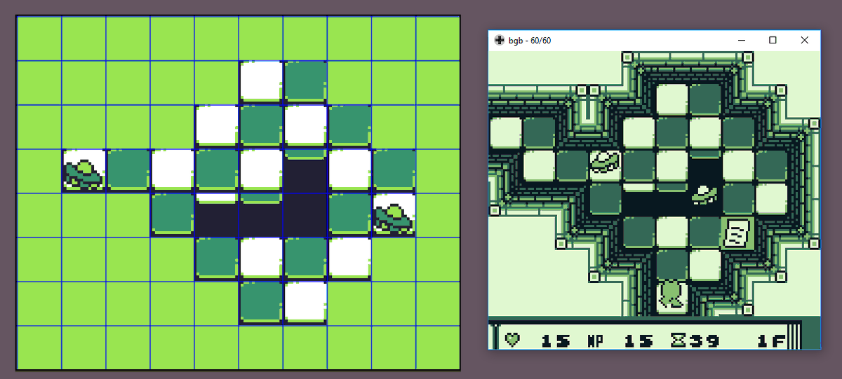 Wrote some code that dynamically draws walls based on the surrounding terrain. Left is what the map looks like in the editor. Right is what it looks like in-game, after the hallways, item on the floor, and walls are drawn dynamically. #screenshotsaturday #gbdk #gameboy