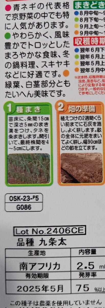 tsumeshogi55's tweet photo. 九条ねぎの種子を買ってきて、家庭菜園にまきました。
京野菜で有名ですが、生産地を見てビックリ！
「南アフリカ」でした。
そう、原産地ではなく、種子の生産地なんですね。 https://t.co/JofG7wtc3x