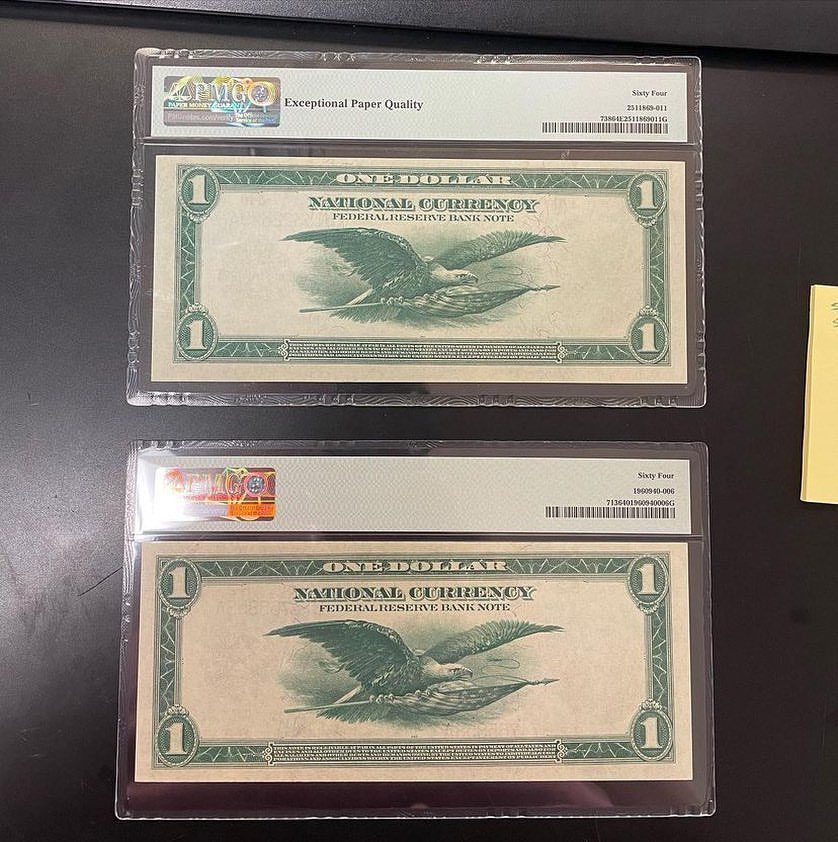 silverandgoldbu's tweet photo. A couple high grade $1 Green Eagles. $570 & $520 or pair for $1040. Bin or dm to claim #1000dollar #1000dollarbill #rare #currency #PMG #PCGScurrency #legacygrading #silvercertificate #goldcertificate #legaltender #banknotes #oldmoney #collecting #numismatics #bullion https://t.co/q2xe4efQwa