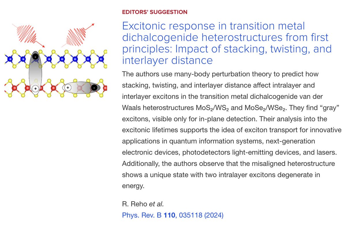 Physical Review B (@physrevb) on Twitter photo PRB Editors' Suggestion: #Excitonic response in #TransitionMetalDichalcogenide #heterostructures from first principles
R. Reho et al.,
Phys. Rev. B 110, 035118
➡️ go.aps.org/3XZKg4C
#EdSugg #physics #condmat @APSPhysics <a href="/RiccardoReho/">Riccardo Reho</a> <a href="/ZeilaZanolli/">Zeila Zanolli</a> <a href="/UUBeta/">Faculty of Science, Utrecht University</a> <a href="/ETSFlab/">ETSF</a> <a href="/mjv5004/">Matthieu Verstraete</a> PRB Editors' Suggestion: #Excitonic response in #TransitionMetalDichalcogenide #heterostructures from first principles
R. Reho et al.,
Phys. Rev. B 110, 035118
➡️ go.aps.org/3XZKg4C
#EdSugg #physics #condmat @APSPhysics <a href="/RiccardoReho/">Riccardo Reho</a> <a href="/ZeilaZanolli/">Zeila Zanolli</a> <a href="/UUBeta/">Faculty of Science, Utrecht University</a> <a href="/ETSFlab/">ETSF</a> <a href="/mjv5004/">Matthieu Verstraete</a>