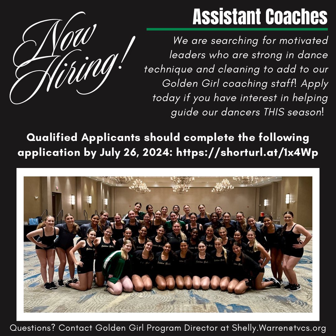 Are you ready to inspire the next generation of Golden Girls? We are hiring! 💚💛
Applicants should have dance and coaching and/or teaching experience. We are looking for an assistant coach for each of our teams. Apply today!