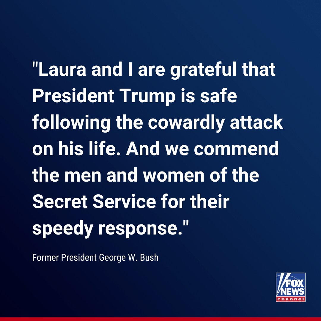 FoxNews's tweet photo. Former President George W. Bush, along with his wife Laura, issued a statement after shots rang out at a Trump rally, thanking the brave men and women who risk their lives to protect political figures. https://t.co/N5oljWzMV1