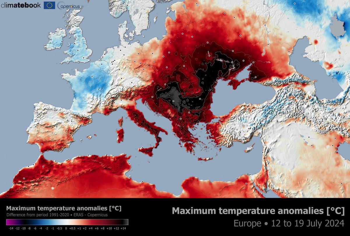 A powerful and prolonged #heatwave is forecast to continue across the Balkan peninsula and Eastern Europe, with temperatures reaching 42-44 °C.  This is more than ten degrees C above the average for the mid-July period. Image: <a href="/climatebookgr/">Climatebook</a>