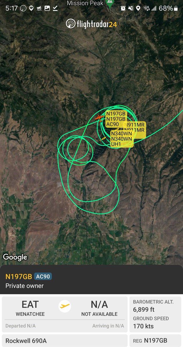 Borrowed7Time's tweet photo. The #BeavertFire in Ellensburg has burned 2+ acres. Air support called in per @watchdutyapp reports

Blue Spruce Management AC90 N197GB #A182C4 as Air Attack 617

Chelan Co. Fire District UH-1H N911MR #AC9B85 out 

WA DNR UH-1H N340WN #A3BF4F https://t.co/2J3jooVpZn