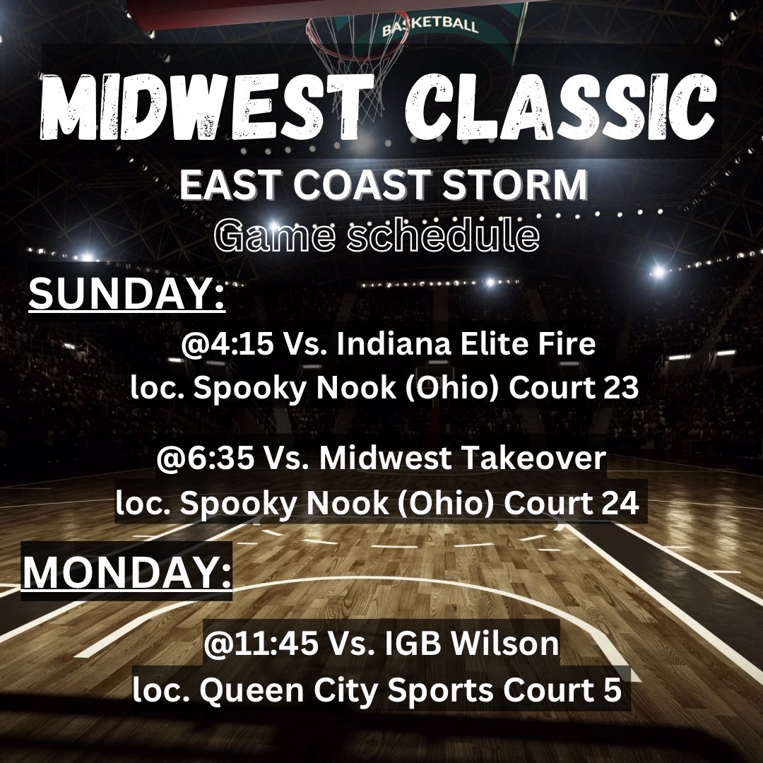 🚨 Game Alert! 🚨

East Coast Storm is ready to bring the heat at the Midwest Classic! Catch us in action this Sunday and Monday. Exciting matchups ahead! 🌩️🏀

Check out our full schedule below and come support your team!

#EastCoastStorm #MidwestClassic #GameDay #Basketball