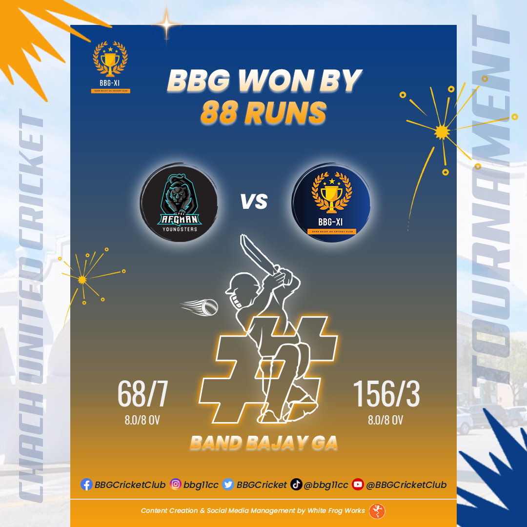 BBGCricket's tweet photo. 💥 MK Foundation's BBG XI triumphs with a solid win over Afghan Youngsters!🏏🎉

✅ Follow Us ���
Facebook: BBG Cricket Club
Instagram: bbg11cc
Twitter: BBGCricket
Tiktok: @bbg11cc
YouTube: @BBGCricketClub

#bandbajayga #chachunitedcrickettournament #CUCT #t20worldcup24🏆 https://t.co/tgCF0qCdq7