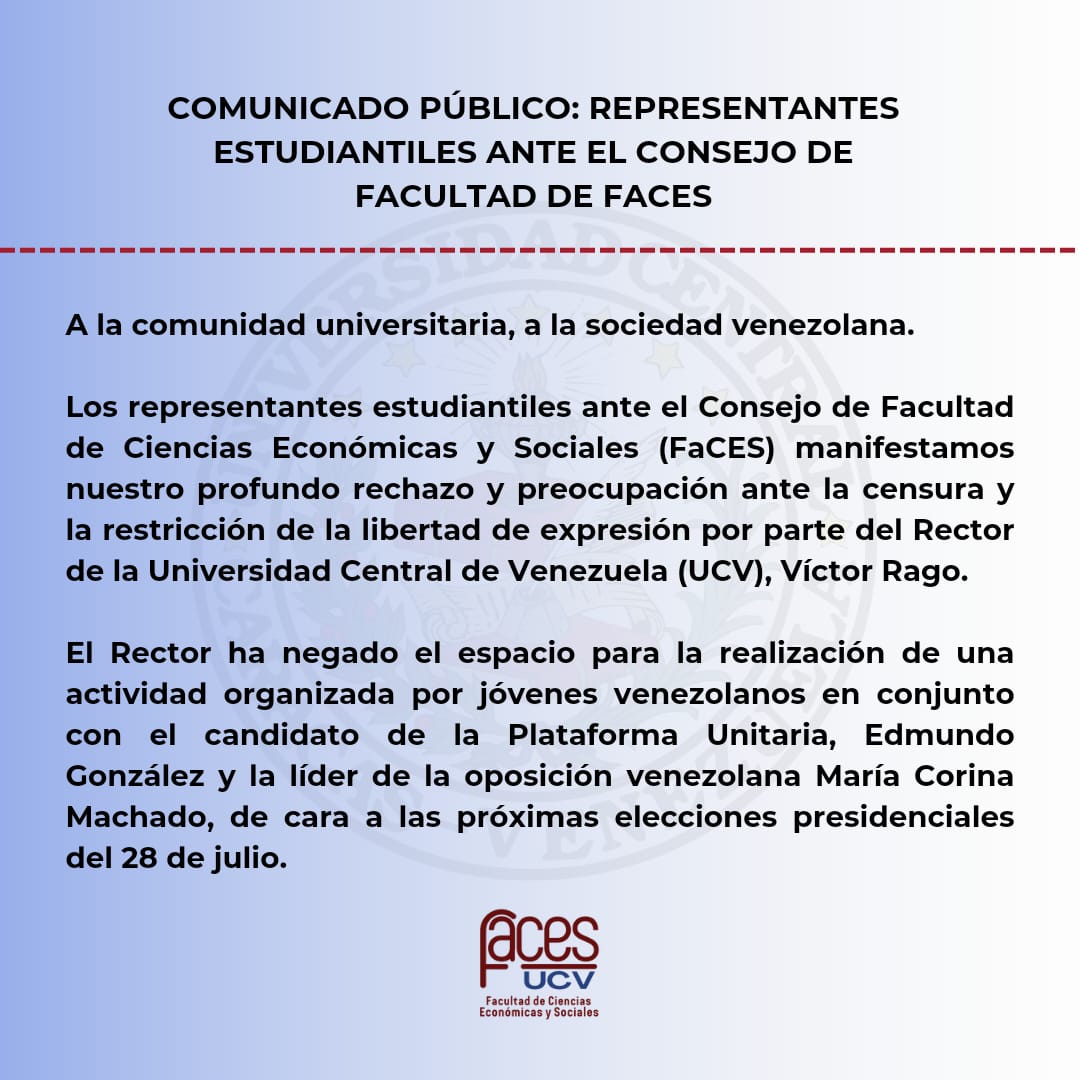 JoseManuell_R's tweet photo. "A la comunidad universitaria de la UCV"

El día de mañana domingo 14 de Julio del 2024, es un fecha importante y crucial para nuestra juventud y la historia venezolana. No permitiremos que la sombra venza nuestra casa. https://t.co/pVV6pnaK3M