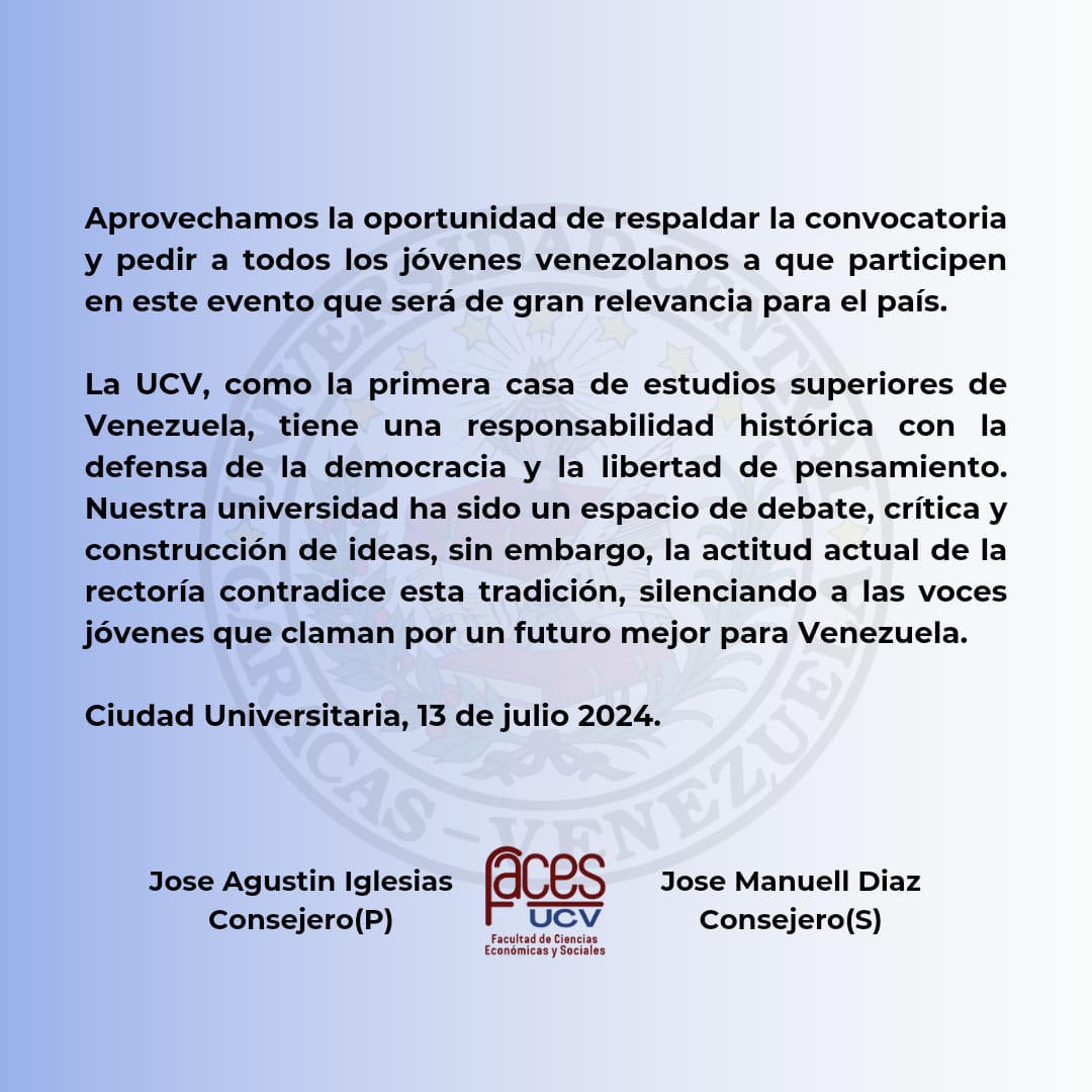 "A la comunidad universitaria de la UCV"

El día de mañana domingo 14 de Julio del 2024, es un fecha importante y crucial para nuestra juventud y la historia venezolana. No permitiremos que la sombra venza nuestra casa.