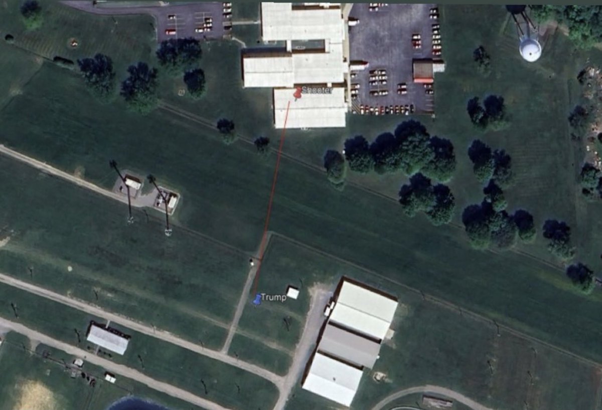 ksorbs's tweet photo. Shooter was roughly 150 yards from Trump with direct line of sight to stage. Negligence or something much, much worse. https://t.co/at4nB8b7HC