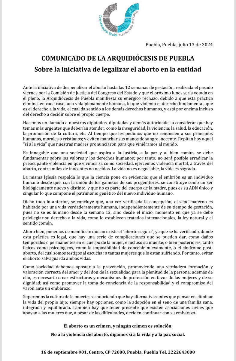 SoyJesicalopez's tweet photo. #Noticias 🔴 La #Arquidiócesis de Puebla lanzó comunicado sobre la legalización del #aborto y mostró su rechazo a la iniciativa ya que aseguran se elimina una vida plenamente humana.🔎 https://t.co/lvqod125hj