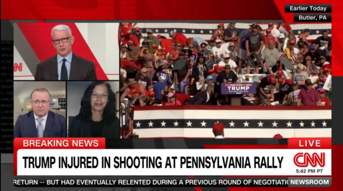 Porter_Anderson's tweet photo. Media: @juliettekayyem with @JDWackrow to @AndersonCooper lays out how investigators will look at this incident being treated as an assassination attempt: 
#Kayyem: Is the assailant "a lone individual or was he planning with others? They're going to look at social media, his emails, any contacts with others he had. This is not someone who woke up and thought, 'I want to shoot at #DonaldTrump. The [details] we've seen have shown a person who knew where the security perimeter ended and where he'd have a good shot at #Trump. That is a serious assassin. And however Trump got the blood marks, something came seriously close to harming him, a former president and the nominee for the @GOP."
Noting that there's "lots of politics going around right now," Kayyem says, "I condemn -- everyone condemns violence and the extension of violence as a political display. We have to deal with this. This democracy cannot survive if violence is utilized as part of our democratic processes."
She goes over three areas that will be considered for potential motives:
"You're going to look first for ideological enemies of #DonaldTrump. Is it someone who feels that he's a threat to a cause or movement or whatever else?
"Second, you're going to look for a psychological reason. Is this the John Hinkley reason, that maybe someone wanted to impress others, become famous or whatever? 
"And the third is, was it a former supporter of Donald Trump, someone who is focused on a certain issue or reason? I think the third possibility is the least likely. But if you are an objective investigator at this stage, you're looking at those three potential motives, based on our basic understanding of how the world works right now."