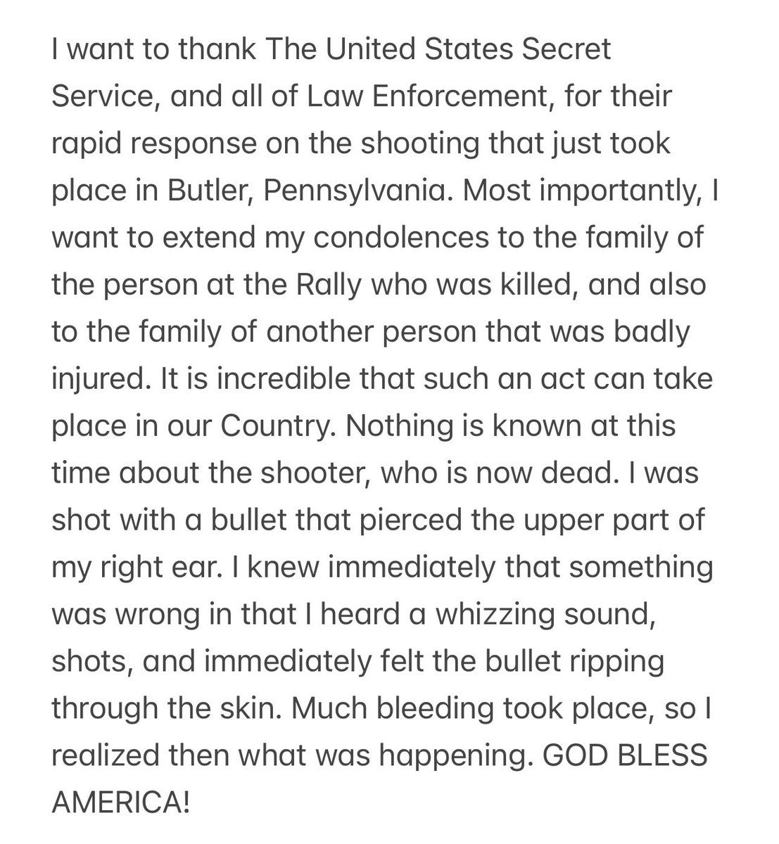 BrianEntin's tweet photo. Former President Trump says he “was shot with a bullet that pierced the upper part of my right ear.”
Full statement: https://t.co/VzPK8jvB02