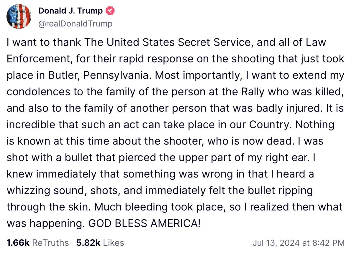 RSBNetwork's tweet photo. BREAKING: President Trump makes FIRST statement after being shot "with a bullet that pierced the upper part" of his right ear. 🚨 https://t.co/D3vk4R2irz