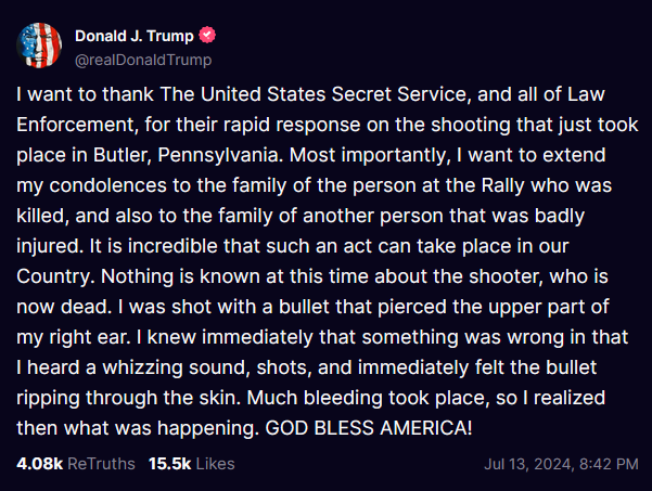 disclosetv's tweet photo. JUST IN - Trump issues first public statement after failed assassination attempt. https://t.co/v5HucUkUVJ
