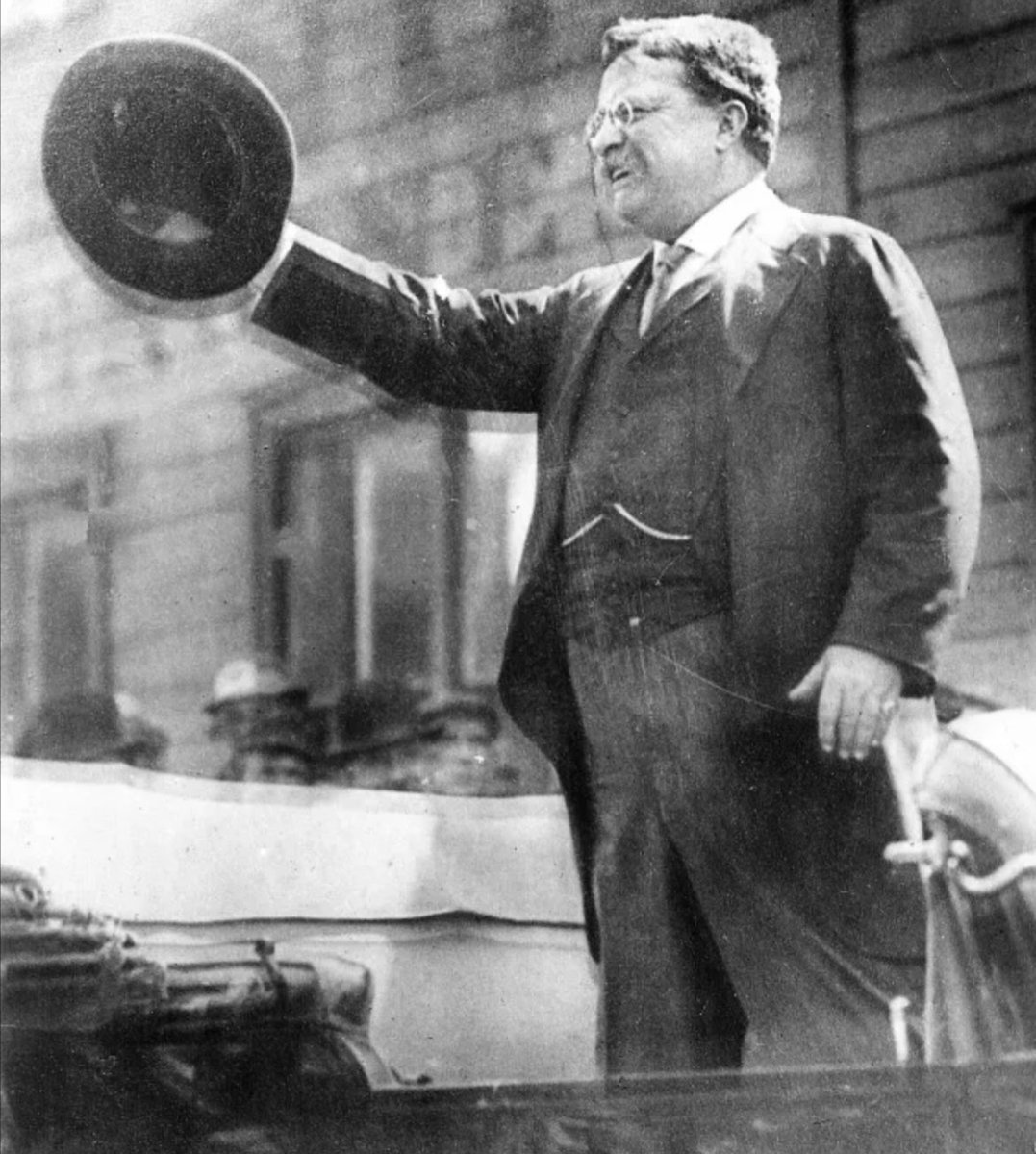 jakeshieldsajj's tweet photo. On the left  is President Teddy Roosevelt after getting shot in 1912

On the right is president Donald Trump after getting shot in 2024 

Same energy https://t.co/c16rV4T5Gz