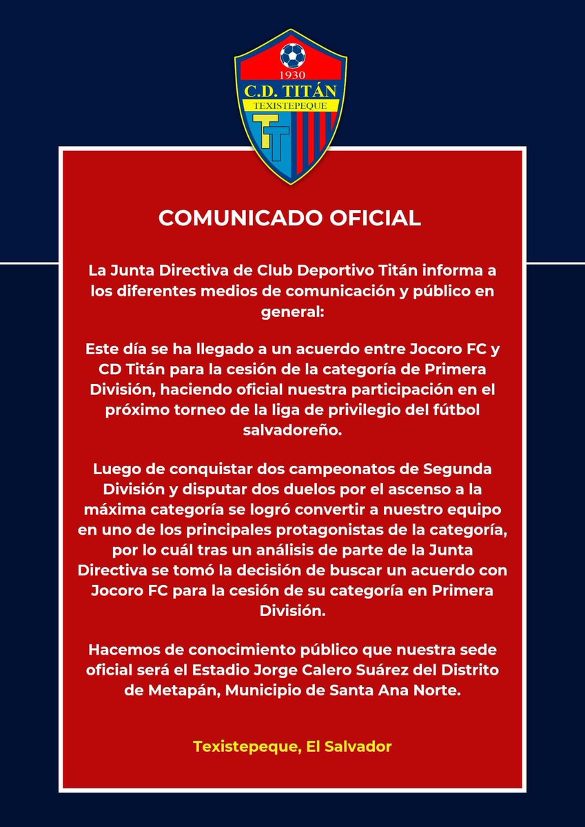 CDTitan1's tweet photo. COMUNICADO OFICIAL 🔴🔵⚽
#SOMOSMASTITANES | #SOMOSDEPRIMERA | #CDTITAN https://t.co/UnhkEt5w2T