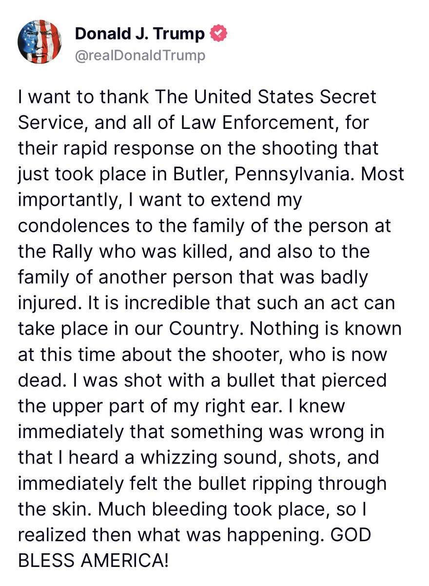 lukecoburn's tweet photo. Statement from President Trump on Truth Social regarding the assassination attempt. https://t.co/rHX8PthoSV