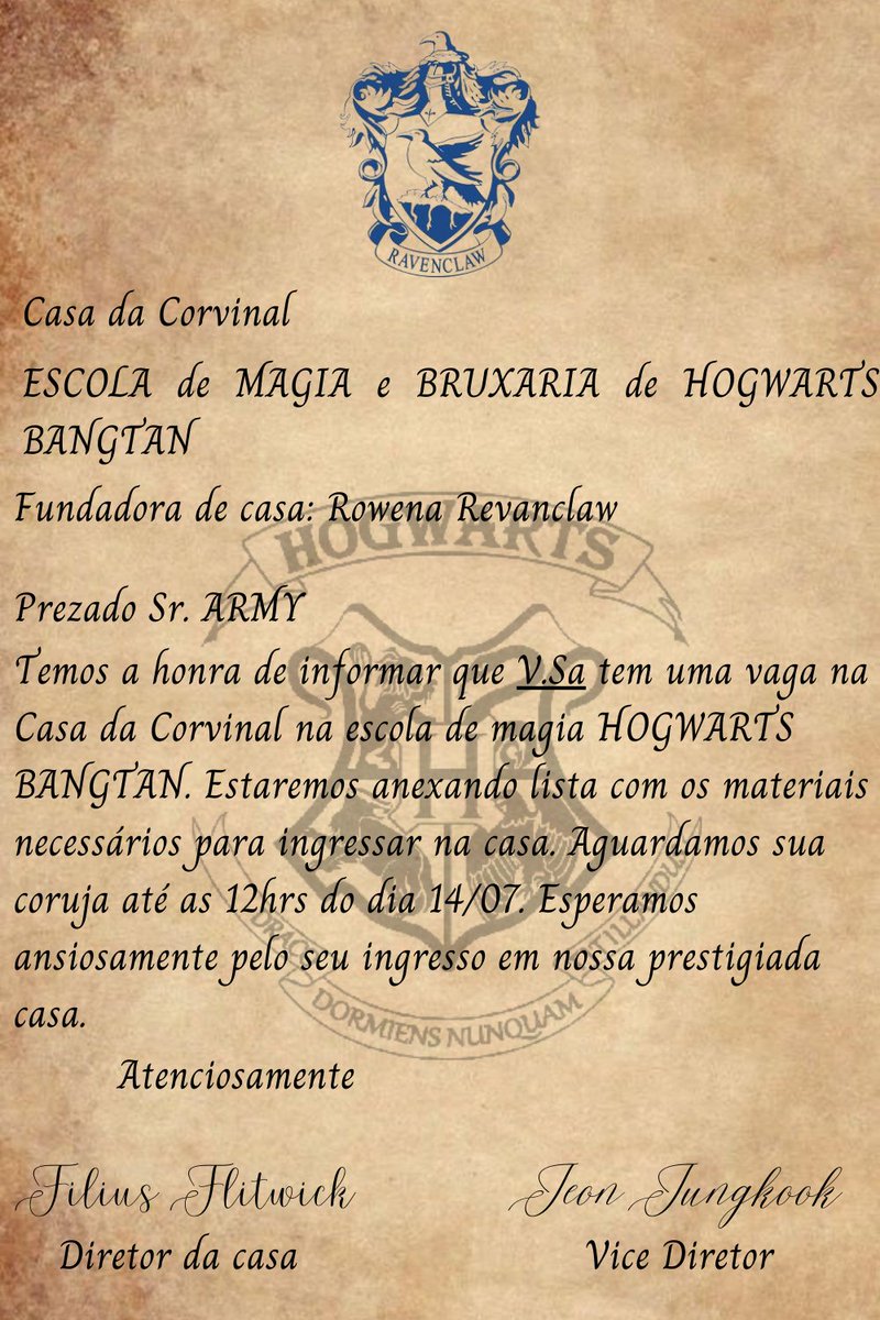 hoseokkwife's tweet photo. 🐦⬛Caro army, é com grande prazer que informamos que sua carta de ingresso na casa corvinal na prestigiada Hogwarts BANGTAN chegou. Esperamos ansiosamente sua coruja. Anexo com os materiais necessários:
https://t.co/27yQJCHRgg https://t.co/qftazbaAQx